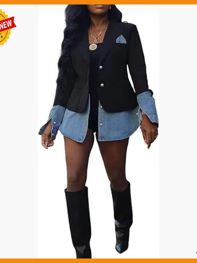 Denim Patchwork Blazer Jacket Women's Office Casual Long Sleeve Open Front